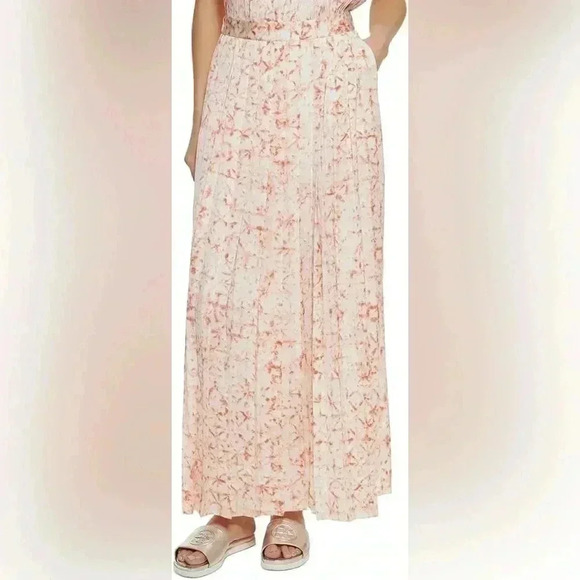 DKNY white and orange tie dye pattern pleated elastic waist maxi skirt size M - Picture 1 of 7